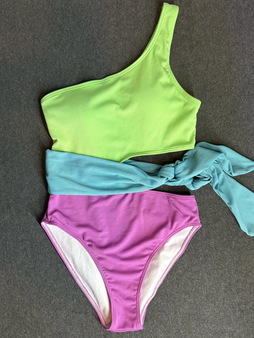 🆕Unbranded Swimsuit Womens Size Small Green Blue Pink Ribbed Belted One Piece